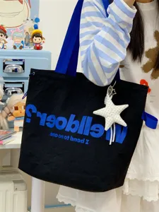 Korean style dopamine canvas tote bag, large capacity casual shoulder bag for daily commuting.