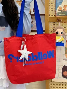 Korean dopamine canvas tote bag for women, large capacity casual shoulder bag with straps.