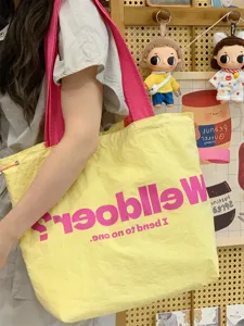 Korean dopamine yellow canvas tote bag large capacity casual shoulder bag for women daily commute