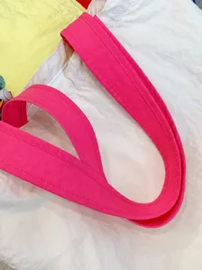 Pink strap detail of Korean dopamine canvas tote bag, casual daily commuting shoulder bag.