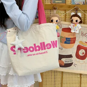Korean dopamine canvas tote bag for women, large capacity commuter shoulder bag with drawstring.