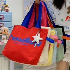 Korean dopamine canvas tote bag, large capacity casual shoulder bag with drawstring closure.
