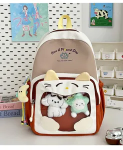 Dettaglio zaino ita giapponese carino con finestra trasparente e peluche per uso scolastico.