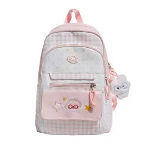 Pink white plaid school backpack for teenage girls cute sweet casual bookbag daypack
