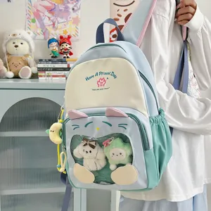 Zaino ita in tela carino con finestra trasparente e design di gatto, borsa da scuola elegante.