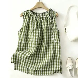 Green plaid sleeveless blouse casual round neck loose A-line hem summer top for women