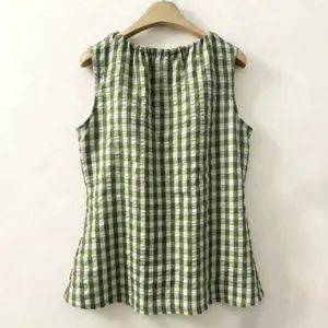 Green white plaid sleeveless blouse casual round neck loose A-line hem summer top for women.