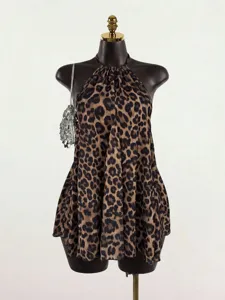 Women Halter Backless Leopard Print Top Sexy Cropped Sleeveless Polyester Pleated Texture Western Style Vacation Beachwear