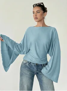 Women casual long sleeve batwing top fashion elegant blouse solid color apparel daily wear