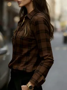 Retro brown plaid shirt, lapel slim long sleeve casual versatile basic shirt detail.