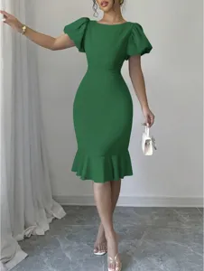 Green puff sleeve mermaid midi dress, elegant bodycon dress for office and party wear.