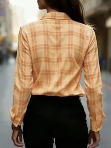 Detailed back view of a retro plaid long-sleeve shirt with lapel and slim fit design.