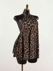 Leopard print halter neck backless crop top, summer sleeveless sexy casual vacation apparel.