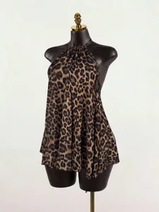 Women leopard print halter top, backless short sleeveless cami for vintage vacation style.