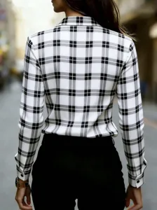 Classic black and white plaid button-down shirt for women, long sleeve slim fit casual top.