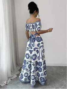 Women's Casual Vacation Maxi Dress Off-the-Shoulder Short Sleeve High Waist Hollow-Out Back Bowtie Long Dress Polyester