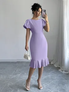 Elegant purple puff sleeve fishtail midi dress, slim fit bodycon dress for stylish women.