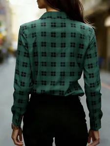 Retro green plaid long-sleeve shirt detail, slim fit lapel casual basic daily commuting top for women.