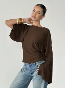 Stylish brown long-sleeve top with chic flared sleeves, perfect casual commuter wear.