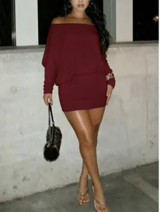 Wine red off-shoulder long sleeve bodycon dress detail view, elegant party mini dress style.