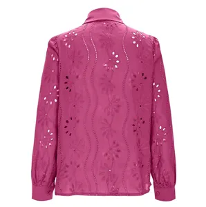 Retro floral eyelet embroidery long sleeve lapel blouse casual french vacation tops