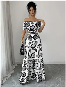 Off-shoulder crop top and high waist cutout tiered maxi dress set for women vacation.