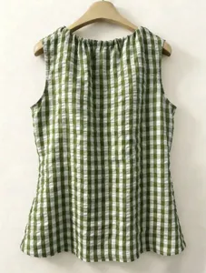 Green gingham sleeveless blouse casual crew neck A-line hem stylish summer top wear