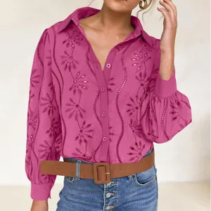 Retro fuchsia eyelet embroidered blouse with lapel collar and lantern sleeves for women.