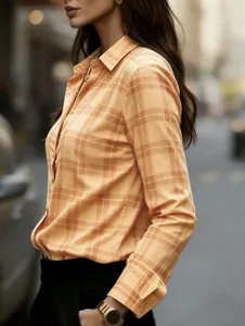 Women vintage plaid shirt lapel long sleeve slim fit casual blouse for daily commuting wear