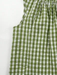 Green white gingham sleeveless blouse crew neck loose casual summer top for women