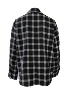 Detailed view of the back of a classic black and grey plaid long sleeve shirt with lapel.
