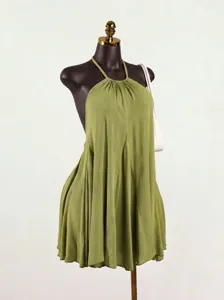 Women Olive Green Halter Neck Backless Loose Casual Short Camisole Summer Sleeveless Top