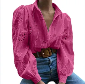 Retro floral eyelet hollow lapel puff sleeve shirt French pastoral vacation casual top