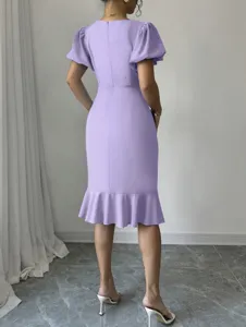 Elegant purple puff sleeve mermaid midi dress, slim fit chic commuter apparel for women.