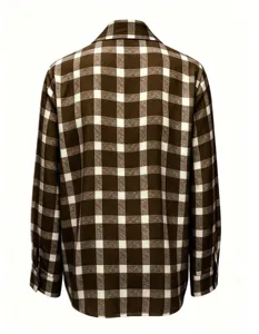 Vintage brown plaid long-sleeve shirt with classic lapel design for casual daily wear.