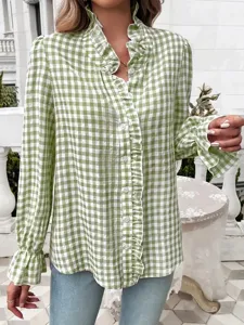 Green and white gingham ruffle long sleeve blouse, elegant French style casual top for women.