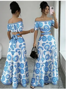 Stunning blue white floral off shoulder two piece crop top maxi skirt resort dress set