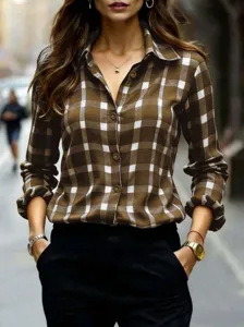 Retro plaid shirt for women, long sleeve button down turn down collar casual top for daily wear.