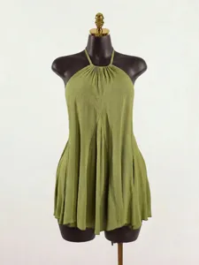 Olive green halter neck sleeveless top detail, featuring crinkled lightweight fabric.