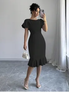 Chic black puff sleeve mermaid midi dress, slim fit bodycon dress for commuting, party wear.