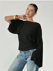 Detail view of a stylish black long trumpet sleeve blouse, perfect for commuting and casual wear.