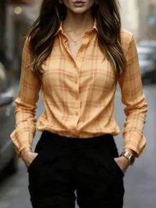 Retro plaid long sleeve lapel shirt, slim fit casual basic top for women, detailed view.