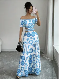 Blue white floral off-shoulder crop top high waist cutout maxi dress two piece set