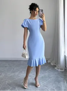 Elegant Women Slim Fit Fishtail Midi Dress Puff Sleeve Round Neck Solid Color Bodycon Pullover Dress For Banquet Party