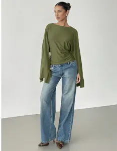 Olive green long flare sleeve top detailed view showing elegant boat neck design.