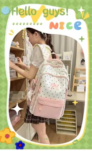 Zaino scolastico in tela carina per ragazze, zaino casual a pois con grande capacità e fiocco.