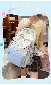 Carino zaino scolastico a pois per donna borsa casual giornaliera con fiocco e dettagli azzurri