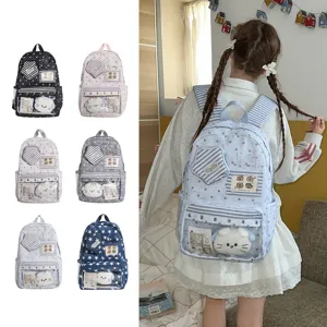 Modischer Sternen Canvas Rucksack mit transparenter Tasche, grosse Schultertasche fuer Studenten.