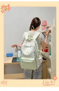 Zaino verde a pois carino da donna, zainetto scolastico casual in stile coreano leggero.