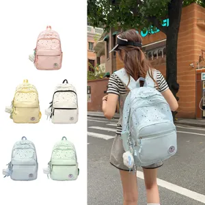 Detailed view of sweet style student backpack with star print and cute plush pendant in multiple colors.